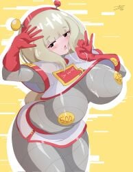 black_eyes blowjob_gesture blush breasts_out_of_clothes conellidraws cum cum_in_mouth cum_on_breasts gloves grey_hair hair_ornament long_hair looking_at_viewer mcdonald's nipple_bulge pasties pasties_with_text robot robot_girl setsuko text tongue_out