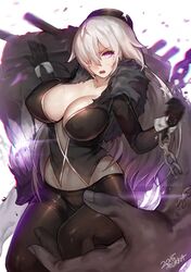 1girls big_breasts black_clothing clothed large_breasts mukka pointy_chin purple_eyes tagme white_hair