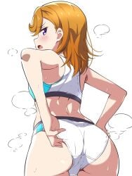 armpit_crease arms_behind_back ass ass_focus back back_view bare_arms bare_shoulders blush borgbutler looking_back love_live! love_live!_superstar!! medium_hair open_mouth orange_hair panties panty_pull purple_eyes shibuya_kanon sports_bra sweat sweaty_body underwear