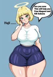 accepting angel angel_girl angel_light awkward awkward_situation awkward_smile beautiful big_ass big_breasts blonde_female blonde_hair blonde_hair_female bob_cut breasts breedable breeding_request cute_face green_eyes halo hana_kurusu helping helping_hand huge_ass huge_breasts huge_butt huge_nipples huge_thighs itadori_yuuji jujutsu_kaisen one_sided pretty requesting short_hair tank_top thicc thicc_thighs thick_ass thick_butt thick_hips thick_legs thick_lips thick_thighs thighs thinking thinking_about_another thinking_of_someone_else wide_hips