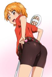 10s 1girls 2018 adjusting_clothes adjusting_shorts adolescent ass ass_focus bare_thighs breasts clothed clothed_female eyelashes female female_only futari_wa_precure gradient_background lacrosse_stick leaning_forward light-skinned_female looking_at_viewer looking_back matching_hair/eyes miniskirt misumi_nagisa open_mouth orange_eyes orange_hair pink_background precure pretty_cure red_shirt sakecho shirt short_hair shorts shorts_under_skirt simple_background skin_tight skin_tight_shorts skirt solo standing teenage_ass teenage_girl teenager thighs toei_animation young young_female