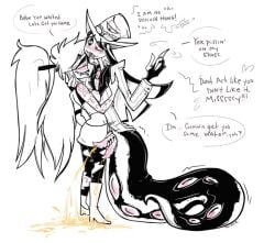 2_penises anatomically_correct anatomically_correct_genitalia anatomically_correct_penis animal_genitalia animal_penis apode blazer bodily_fluids boots bow_tie cherri_bomb_(hazbin_hotel) clothed clothing cyclops demon demon_humanoid dialogue drunk fangs female footwear genital_fluids genital_slit genitals hair hat hazbin_hotel headgear headwear hemipenes high_heeled_boots high_heels holding_penis humanoid legless male male/female multi_eye multi_genitalia multi_penis multi_penis_peeing multi_urethra_peeing outside peeing peeing_on_ground penis pupils reptile scale_(disambiguation) scalie serpentine shoes sir_pentious_(hazbin_hotel) snake snake_hood speech_bubble substance_intoxication tail tapering_penis tapering_tail teeth text twiggietime urine urine_on_ground urine_pool urine_stream watersports