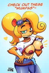 1girls 5_fingers anthro anthrofied areola areolae bandicoot belt big_areola big_areolae big_breasts big_nipples blonde blonde_hair breasts cleavage coco_bandicoot crash_(series) crash_bandicoot_(series) crash_bandicoot_4:_it's_about_time dark_nipples dialogue english_text erect_nipples exposed_breasts exposure female female_focus female_only flashing furry furry_focus furry_only goggles goggles_on_head green_eyes huge_breasts jeans kaijusundae lifting_shirt long_hair mostly_clothed navel nipples no_bra overalls pants ponytail shirt shirt_lift showing_off smile smirk solo