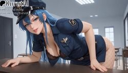 1girls ai_generated akame_ga_kill! artist_name artist_signature black_bra blue_eyes blue_hair bra breasts cleavage esdeath_(akame_ga_kill!) female fishnet_pantyhose fishnets hat hi_res high_resolution highres indoors kurutai large_breasts long_hair looking_at_viewer pantyhose parted_lips patreon police police_uniform policewoman solo uncensored underwear uniform