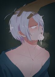 2boys after_fellatio after_oral angry blush cum cum_in_mouth dark-skinned_male dark_skin dilf fangs forced_oral forced_yaoi gay gegege_no_kitarou hair_over_one_eye half-closed_eyes hand_on_another's_head kimono kitarou_tanjou_gegege_no_nazo light-skinned_male light_skin male male_only medama_oyaji_(human) rape shaded_face solo_focus sweat tbsktbwa tears upper_body white_hair yaoi