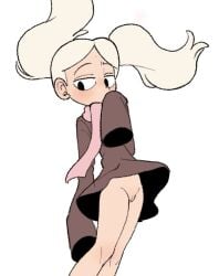 1girls big_sleeves blush blush blushing_at_viewer david&#039;s_marra dress dress_lift female freckles hilda_(series) marra no_panties pale-skinned_female pale_skin pussy_lips pussy_peek scarf showing_pussy teenager twintails twintails_(hairstyle) twintails_marra_(hilda) vagina white_hair