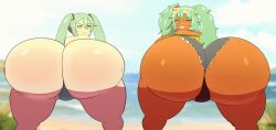 2girls ass ass_focus asstronsfw big_ass big_asses big_butt bikini_bottom black_panties brazilian_miku cyan_eyes cyan_hair cyan_hair_female giant_ass hatsune_miku light_skin light_skinned_female no_sound panties shorts sunglasses_on_head tagme tan_skin tan_skinned_female twerk twerking twerking_at_viewer twintails video vocaloid yellow_shirt