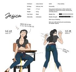 1girls belt black_hair breasts character_sheet classroom_desk cleavage hungover jeans jessica_(polapolabianda) long_hair omorashi original peeing peeing_self polapolabianda school_chair school_desk sitting sleeping solo sweat wet wet_pants wetting wetting_self
