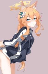 1boy absurdres animal_ears blue_archive blue_eyes bottomless brown_background commentary female flower fox_ears gym_uniform hair_flower hair_ornament halo heart highres jacket kabocya_na leaning_forward long_hair male mari_(blue_archive) mari_(track)_(blue_archive) official_alternate_costume orange_hair orange_halo pussy_juice sex sidelocks sweat track_jacket