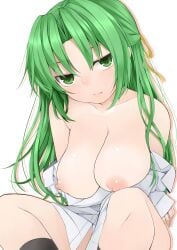 1girls breasts closed_mouth collarbone female female female_only green_eyes green_hair hair_ribbon highres higurashi_no_naku_koro_ni jitome large_breasts long_hair nemu_(nebusokugimi) nipples off_shoulder open_clothes open_shirt ribbon shirt simple_background sitting socks solo solo_female sonozaki_shion white_background