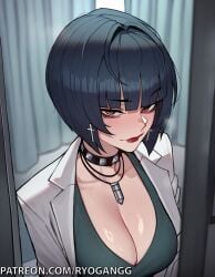 1female 1girls 2d 2d_(artwork) ai_generated blue_hair brown_eyes choker cleavage cleavage_cutout dark_blue_hair doctor dress lab_coat labcoat light-skinned_female light_skin patreon patreon_username persona persona_5 ryogangg smirk smirking tae_takemi