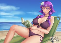 1girls alternate_breast_size beach beach_chair big_breasts bikini bikini_bottom bikini_top book breasts cleavage female fire_emblem fire_emblem:_the_sacred_stones fire_emblem_heroes flower flower_in_hair glorylogius large_breasts looking_at_viewer lute_(fire_emblem) lute_(summer)_(fire_emblem) nintendo purple_eyes purple_hair purple_swimsuit solo solo_female swimsuit twintails white_flower