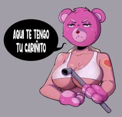 1girls 2d ai_generated bear_girl big_breasts big_titties breasts care_bears character_request curvaceous curvaceous_female digital_media female female_only long_hair looking_at_viewer mr_mapache pink_fur rule_63 solo spanish_text tattoo text yellow_hair