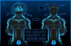2025 anthro biped blue_hair bodily_fluids bullgator clothing dialogue directional_arrow drone dronesuit dronification edging ellipsis english_text fur hair hands_behind_back hi_res hyena hypnosis hypnotic_eyes hypnotic_visor latex latex_clothing latex_skinsuit lock_bulge lock_symbol male mammal mind_control null_bulge nullification obedient pecs red_eyes resisting shaking shivering simple_background skinsuit solo spiral_eyes spotted_hyena standing teasing text tight_clothing tilde_after_text