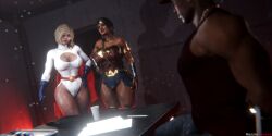 1boy 2girls 3d blender blonde_hair dark-skinned_male dark_skin dc dc_comics diana_prince female hourglass_figure interracial kara_zor-el kryptonian male power_girl rezzio19 seductive_smile superman_(series) teasing thick_thighs wide_hips wonder_woman wonder_woman_(series)