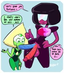 1futa 1girls black_hair blightstar blue_penis cheek_bulge clothed confused dialogue different_colored_penis diphallism english_text female futanari garnet_(steven_universe) gem gem_(species) gem_fusion green_body hand_on_hip penis_in_mouth peridot_(steven_universe) purple_body red_penis size_difference speech_bubble standing steven_universe tagme thumbs_up triangular_hair unimpressed visor yellow_hair