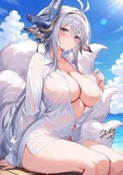 absurdres animal_ears antenna_hair arm_support artist_name azur_lane beach black_hairband blush breasts buttons cleavage cloud collarbone collared_shirt day female fox_ears fox_mask fox_tail hair_between_eyes hairband highres honyara-san kitsune kyuubi large_breasts lens_flare long_hair looking_at_viewer mask mask_on_head multiple_tails naked_shirt ocean official_alternate_costume open_clothes outdoors partially_unbuttoned see-through_clothes see-through_shirt shirt shirt_tug sitting solo sunlight tail thighs tosa_(a_glimpse_of_greatness)_(azur_lane) tosa_(azur_lane) wet white_shirt yellow_eyes