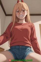 1girls ahq_hentai ai_generated bed bedroom chainsaw_man female medium_breasts patreon perfect_body pov power_(chainsaw_man) sexy shorts sitting_on_person stable_diffusion t-shirt