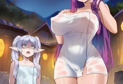 2girls ai_generated bare_arms bare_shoulders bare_thighs big_breasts breasts color elf_ears elf_female envy female female_focus female_only fern_(sousou_no_frieren) frieren frieren_beyond_journey's_end hi_res hot_spring large_breasts light-skinned_female light_skin long_hair luckypathai nipples_visible_through_clothing purple_hair size_difference solo_female sousou_no_frieren thick_thighs towel wet white_hair