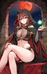 admiral_bahroo bangs bare_shoulders bikini blue_eyes blush breasts bridal_gauntlets brown_hair choker cleavage cross crossed_legs detached_sleeves elbow_gloves eyebrows_visible_through_hair feet_out_of_frame female full_moon hair_between_eyes holding hood jewelry large_breasts long_hair looking_at_viewer mole mole_under_eye moon nail_polish navel necklace night parted_lips red_hair red_moon red_nails sidelocks signature sitting skindentation sky smile solo swimsuit tagme thighs very_long_hair wide_sleeves