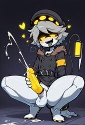 ahe_gao ai_generated bottomless clothed cum cumming femboy glitch_productions glowing_eyes glowing_genitalia half-closed_eyes hearts hearts_around_head horny huge_cock hung_bottom hung_femboy male_only masturbation moaning murder_drones n_(murder_drones) squatting tagme tongue_out