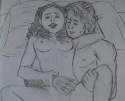 1boy 1girls after_sex anakin_skywalker beauty_mark bed breasts curly_hair female girl_on_top hand_in_hair imminent_sex legs_spread male master-burglar nipples padme_amidala pleased_expression revenge_of_the_sith robotic_arm sketch star_wars younger_male