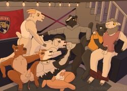 absurd_res anthro ass_up basement bottomless bottomwear bottomwear_down bovid boxer_briefs bulge canid canine canis cannon_(wannabeyourdog2) caprine closed_eyes clothed clothing collar crossdressing crossed_legs cuddling detailed_background domestic_cat domestic_dog ear_piercing ear_ring erection felid feline felis fellatio flag flag_(object) florida_panthers from_behind_position fur furniture genitals goat grey_(wannabeyourdog2) group group_sex hand_on_shoulder handjob headpat hi_res hockey hockey_stick holding_tail holding_waist hooves horn jude_sanchez_(wannabeyourdog2) kix_(wannabeyourdog2) looking_at_genitalia looking_at_penis male male/male mammal masturbation mephitid nipples nude open_mouth oral orgy pants pants_down partially_clothed paul_(wannabeyourdog2) penetration penile penis petting piercing pike_(wannabeyourdog2) pit_bull reed_(wannabeyourdog2) ring_piercing sex sheep shirt sitting skunk sofa sofa_sex sport stairs story story_in_description string_lights suid suine sus_(pig) sweater sweatshirt tail tank_top topwear topwear_only trans_(lore) trans_man_(lore) tusks underwear wannabeyourdog2 white_body white_fur wild_boar