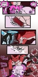 absurd_res anthro bassariscus bodily_fluids breasts canid canine canis clenched_teeth collar comic cuff_(restraint) daisy_(tatsuchan18) dialogue drooling english_text female fenrir_(tatsuchan18) fox furry genitals group hi_res hybrid inner_monologue knotting lagomorph leg_grab leporid male male/female mammal maned_wolf metal_collar mink_(tatsuchan18) multiple_scenes panicked_look panicking penetration penis predator/prey procyonid rabbit restraints ring-tailed_cat saliva tatsuchan18 teeth teeth_showing text thinking trio vaginal_penetration wolf