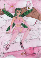 1girls 4_wings bed bedroom bra chris_mcfeely cleavage digimon digimon_(species) fairy fairy_wings female female_only fingerless_gloves green_eyes green_hair heels leaf leaf_wings leaves lillymon lingerie lipstick nail_polish panties plant plant_girl sitting_on_bed smile solo stockings traditional_media_(artwork) underwear vine_hair vines wine wings