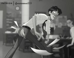1boy 4k accidental_exposure anus ass background_characters balls blurry_background blush disney djunderground123 enmtoonz formal_wear george_(paperman) hi_res large_filesize male male_only monochrome office paperman_(film) papers png suit_and_tie torn_pants