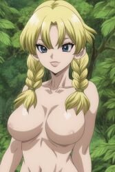 1girls ai ai_generated blonde_female blonde_hair blonde_hair blonde_hair_female blue_eyes breasts close-up close_up dr.stone female female_focus female_only forest hanada_nikki looking_at_viewer naked naked_female navel nipples nude nude_female quinzo11 self_upload twin_braids