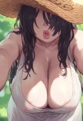 ai_generated areola_peek areolae black_hair eyes_covered hanging_breasts huge_breasts lips see-through sun_hat thick_lips white_dress