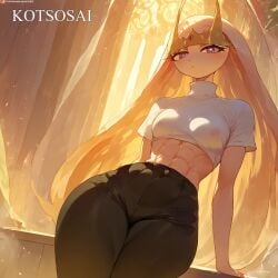 abs ai_generated androgynous anthro anthro_only black_pants bug_girl furry kotsosai leather_pants long_hair nipple_outline pheromosa pokemon pokemon_(species) purple_eyes shexyo_(ai_style) small_breasts thick_thighs toned_female turtleneck ultra_beast
