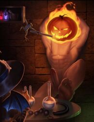 bara fire foot_focus fully_nude halloween jack-o'-lantern leomord_(mobile_legends) male mobile_legends muscular muscular_male nart17154623 nude nude_male penis_out pumpkin_head