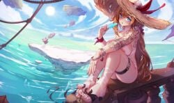 admiral_bahroo ass bangs beach blue_eyes blush breasts day dutch_angle eating female food hat holding_food horizon ice_cream jewelry long_hair looking_at_viewer ocean outdoors popsicle ribbon sandals sitting sky solo sun_hat swimsuit tagme thigh_strap very_long_hair water