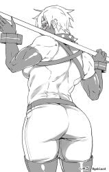 13_thirteen 1boy bara bara_tiddies bara_tits barazoku big_ass big_butt big_butt_(male) big_pecs bitch_bara child_bearing_hips choker compass_(game) gay hekigo looking_at_viewer looking_back male muscular muscular_male pecs pectorals red_eyes thighhighs white_background white_hair white_skin yaoi