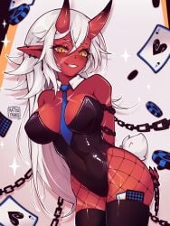 akumi animal_ears arms_behind_back bare_shoulders black_legwear black_leotard blue_neckwear blush bondage bound breasts broken broken_chain bunny_ears bunny_girl bunny_tail bunnysuit card chained chains cleavage collar cuffs demon_girl detached_collar female fishnet_legwear fishnets flail gold_chain hair_between_eyes handcuffs heart highleg horns large_breasts leash leotard long_hair looking_at_viewer money necktie oni oni_horns pantyhose patreon_username playing_card pocket_watch ponytail red_skin restrained shackles smile solo sparkle sparkle_background strapless strapless_leotard tagme tail teeth thighhighs vyugen white_hair wrist_cuffs yellow_eyes