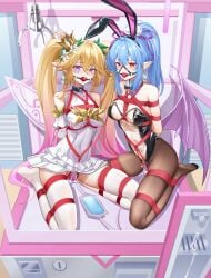 2girls absurdres alwen_du_moonbria arms_behind_back ball_gag black_pantyhose blonde_hair blue_hair bondage bondage bondage bound bound_ankles bound_arms bound_legs bound_wrists breast_bondage character_request commentary_request crotch_rope dungeon_and_fighter feet gag gagged highres long_hair luai multiple_girls no_shoes pantyhose pointy_ears ponytail purple_eyes red_eyes red_rope restrained rope shibari_over_clothes slave soles thighhighs twintails white_pantyhose white_thighhighs