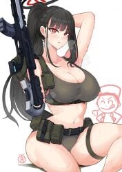 1boy 1girls alternate_costume arm_up assault_rifle belt black_hair blue_archive breasts cleavage doodle_sensei_(blue_archive) female female_focus female_only gloves green_gloves green_panties green_sports_bra gun h&k_hk416 halo high_ponytail highres holding holding_gun holding_weapon holster large_breasts long_hair looking_at_viewer male panties parted_lips ponytail red_eyes revolverwingstudios rifle rio_(blue_archive) sensei_(blue_archive) simple_background sitting solo_focus sports_bra sweat tactical_clothes thigh_strap thighs underwear very_long_hair weapon white_background