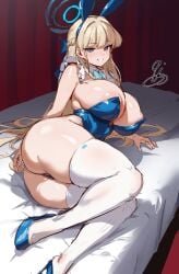 9is absurdres alternate_breast_size animal_ears areola_slip blonde_hair blue_archive blue_bow blue_bowtie blue_eyes blue_hair blue_halo blue_leotard blue_shoes blunt_bangs blush bow bowtie braid breasts curtains curvy detached_collar fake_animal_ears female foot_out_of_frame hair_intakes hairbow half_up_braid halo high_heels highleg highleg_leotard highres large_breasts legs_together leotard long_hair looking_at_viewer lying multicolored_hair official_alternate_costume on_bed on_side parted_lips partially_visible_vulva playboy_bunny rabbit_ears shoes signature skindentation smile solo strapless strapless_leotard streaked_hair thick_thighs thighhighs thighs thong_leotard toki_(blue_archive) toki_(bunny)_(blue_archive) traditional_bowtie two-tone_hair undersized_breast_cup white_thighhighs wing_collar