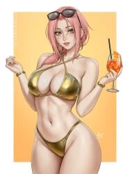 bare_midriff bare_shoulders bare_thighs bikini bikini_bottom bikini_top chloe_(sciamano240) cocktail earrings glasses glasses_on_head golden_bikini golden_earrings golden_week long_hair looking_at_viewer mirco_cabbia oc original pink_eyes pink_hair pink_nail_polish pink_nails sciamano240 signature smile smiling smiling_at_viewer twitter_username wide_hips