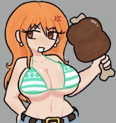 1female 1girls 2d 2d_(artwork) 2d_artwork angry angry_expression angry_eyes angry_face anime artist_name big_breasts bikini bikini_top bluesky_username breasts breasts_bigger_than_head brown_eyes curvaceous curvy curvy_body curvy_female curvy_figure earrings green_bikini hazel_eyes hira.shotgun holding holding_food holding_meat holding_object huge_breasts large_breasts light-skinned_female light_skin long_hair looking_at_another looking_back looking_off_screen mad mad_face nami_(one_piece) one_piece open_mouth orange_hair shiny shiny_breasts shiny_skin shonen_jump slim_waist twitter_username unique_style voluptuous voluptuous_female
