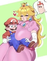 1boy 1girls arm_length_gloves asada_shinjin blonde_female blonde_hair breasts crown earrings female gloves green_background hat heart hearts_around_head large_ass larger_female male male/female mario mario_(series) mario_bros maruo mushroom mustache nintendo pink_dress princess_peach smaller_male super_mario_bros. thought_bubble white_gloves