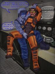 2boys armor bangs benrey black_hair blue_blush blue_eyes blue_tongue blush blush_lines box brown_hair consensual domination drool drooling facial_hair friends fully_clothed furrowed_brow gay glasses gordon_freeman_(half-life_vr_but_the_ai_is_self-aware) green_glasses grey_body grey_streaks groping groping_crotch groping_through_clothes helmet human humanoid licking_lips looking_at_another looking_down male male_only painted_nails pinned pinned_arms pinned_to_wall pointy_teeth ponytail roleplay saliva secretly_loves_it security_guard shark_teeth sitting sitting_on_another sitting_on_lap sitting_on_leg speech_bubble squixle submissive_male talking_to_another tan_skin teasing tongue_out yaoi