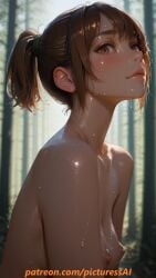 1girls ai_generated blush brown_eyes brown_hair cwello dota_2 female forest forest_background looking_at_viewer marci marci_(dota) nipples nude patreon patreon_username solo sweat