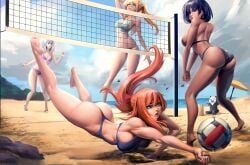 5girls :d admiral_bahroo ass back ball bangs barefoot beach beachball bikini blonde_hair blue_eyes blue_hair blue_sky blurry breasts brown_hair chain-link_fence cleavage cloud covered_nipples day depth_of_field fence green_eyes hair_ornament hair_ribbon holding holding_ball jumping kneepits large_breasts legs long_hair looking_at_viewer looking_back motion_blur multiple_girls ocean open_mouth orange_hair outdoors ponytail pool purple_bikini purple_hair red_hair ribbon running sand short_hair sky smile soccer_ball standing stretch sunlight swimsuit tagme volleyball water