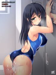 against_wall ass black_hair blue_one-piece_swimsuit blush breasts competition_swimsuit covered_nipples cowboy_shot cum female from_behind green_eyes highres imari_(zugaikotsu_marudashi) large_breasts locker locker_room long_hair looking_at_viewer looking_back one-piece_swimsuit original parted_lips solo sweat swimsuit tears wet