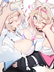 2girls affectionate animal_ears big_breasts blush breast_size_difference breasts choker cleavage clothed clothes coat collar cute eyelashes fangs female fuwawa_abyssgard hairband headpat headpats heart highres hololive hololive_english hololive_english_-advent- hugging kemonomimi light-skinned_female light_skin looking_at_viewer mococo_abyssgard ninra off_shoulder one_eye_closed open_mouth open_smile pov siblings sisters smile virtual_youtuber wholesome