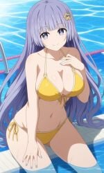 1girls ai_generated bangs big_breasts blue_eyes blue_hair blue_nails breasts date_a_live female hairclip hime_cut izayoi_miku legs_in_water long_hair looking_at_viewer nails pool sitting smile swimsuit tagme water