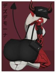 ass butt_crack cap censored dedesmona_(goldenisbunny) devil_horns devil_tail goldenisbunny malicious_smile red_skin sfw_version socks suggestive_pose tattoo_on_legs tattoos